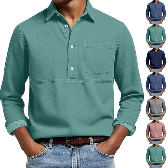 HOMADLES Men's polo Shirt Long Sleeve Breathable Soft Loose Fit Tops Collared Shirt for Work Light Blue Size S