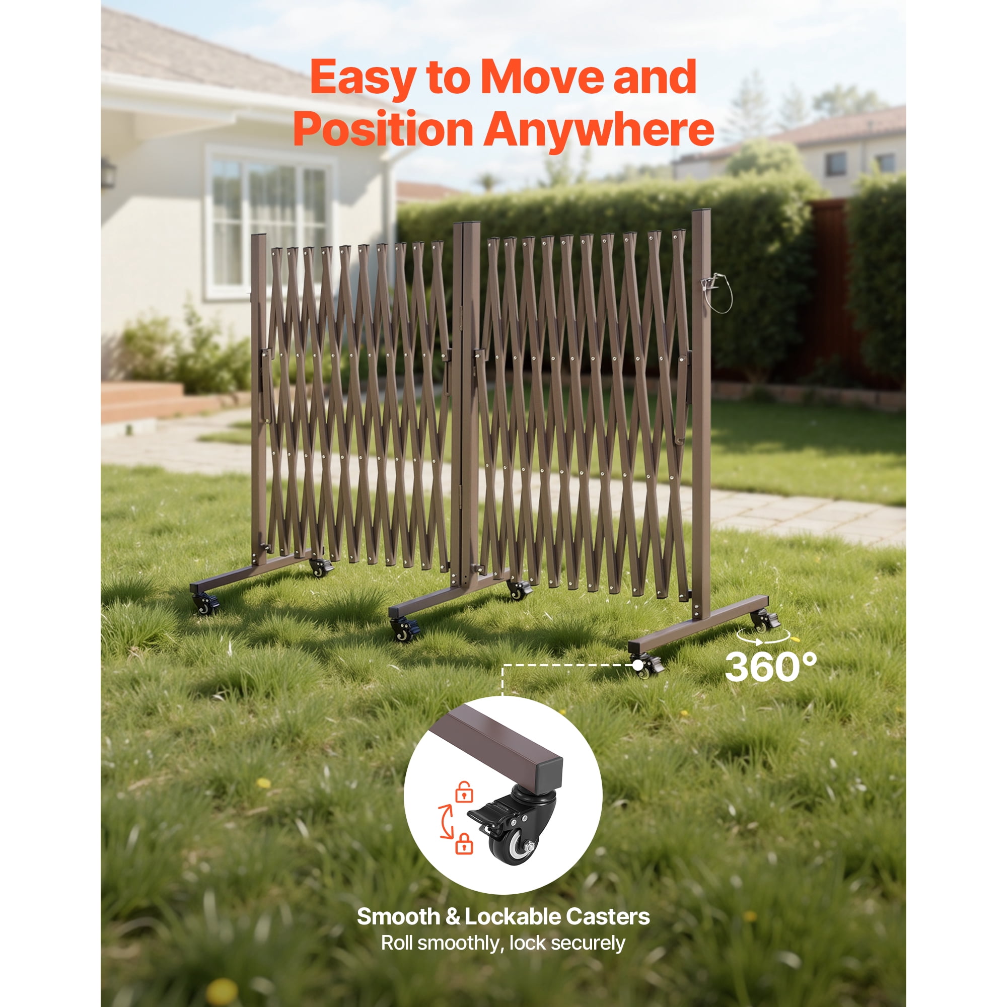 KFFKFF Double Expandable Barricades, 27FT Adjustable Safety Barrier, 0-180° Rotating Mobile Gate with Lockable Wheels, Portable Folding Fence for Outdoor, Garden, and Stairway Use