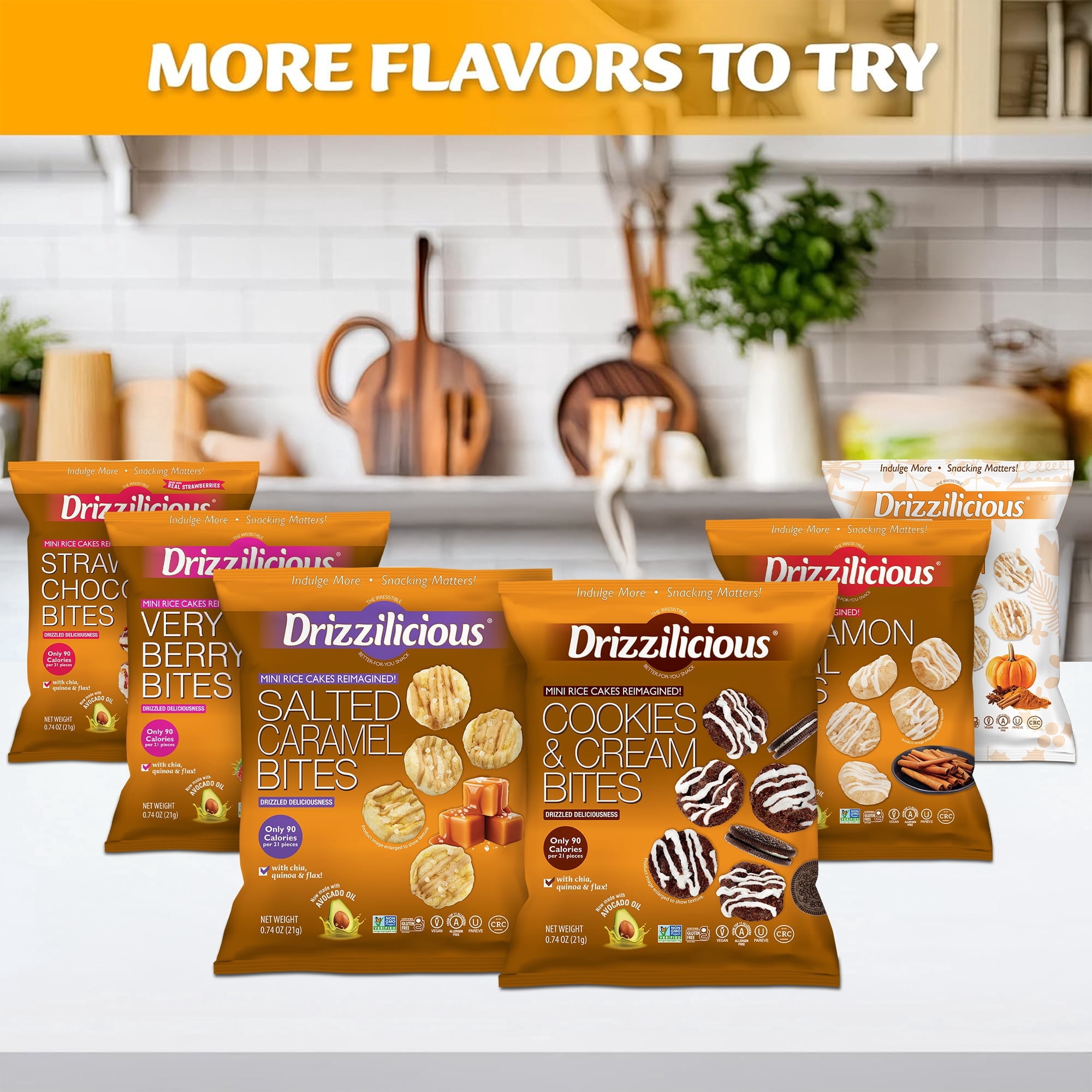 Drizzilicious Mini Rice Cakes, Multi Pack Flavored Rice Cake Gluten Free Snacks, Rice Crisps 20-Pack, Birthday Cake, Smores, French Toast