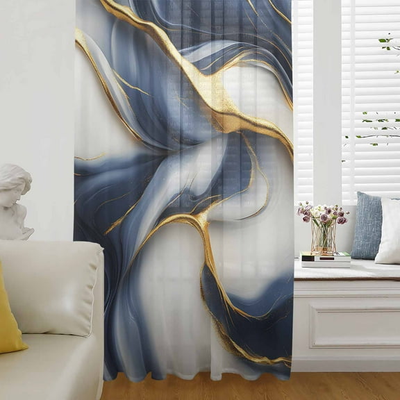 Navy Blue Marble Semi Sheer Curtains Drapes for Living Room, Bedroom, French Doors Window 72 Inches Long, Gold Modern Art Rod Pocket Chiffon Curtain Drapery Voile Draperies Panel