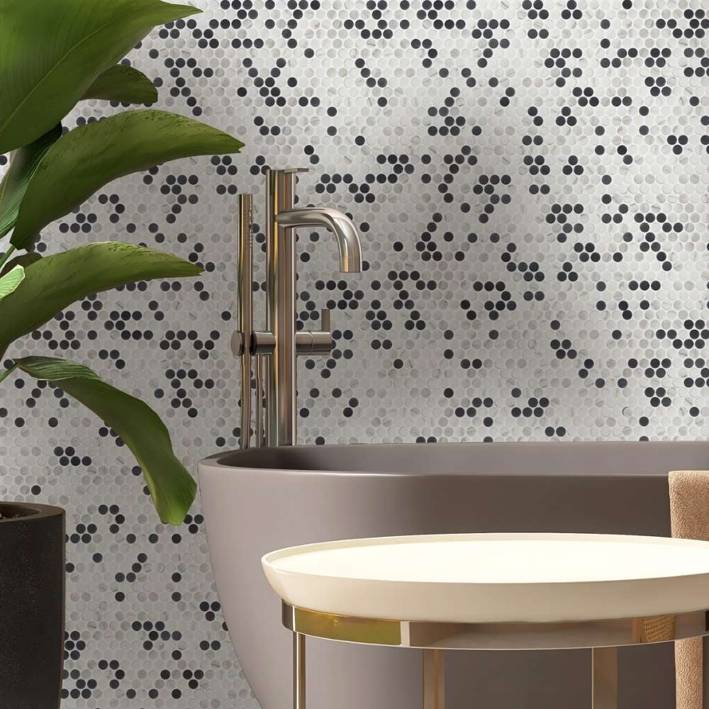 The Tile Life Eterna Penny 4" x 4" Black & White Glass Round Mosaic Tile Sample 1 Piece