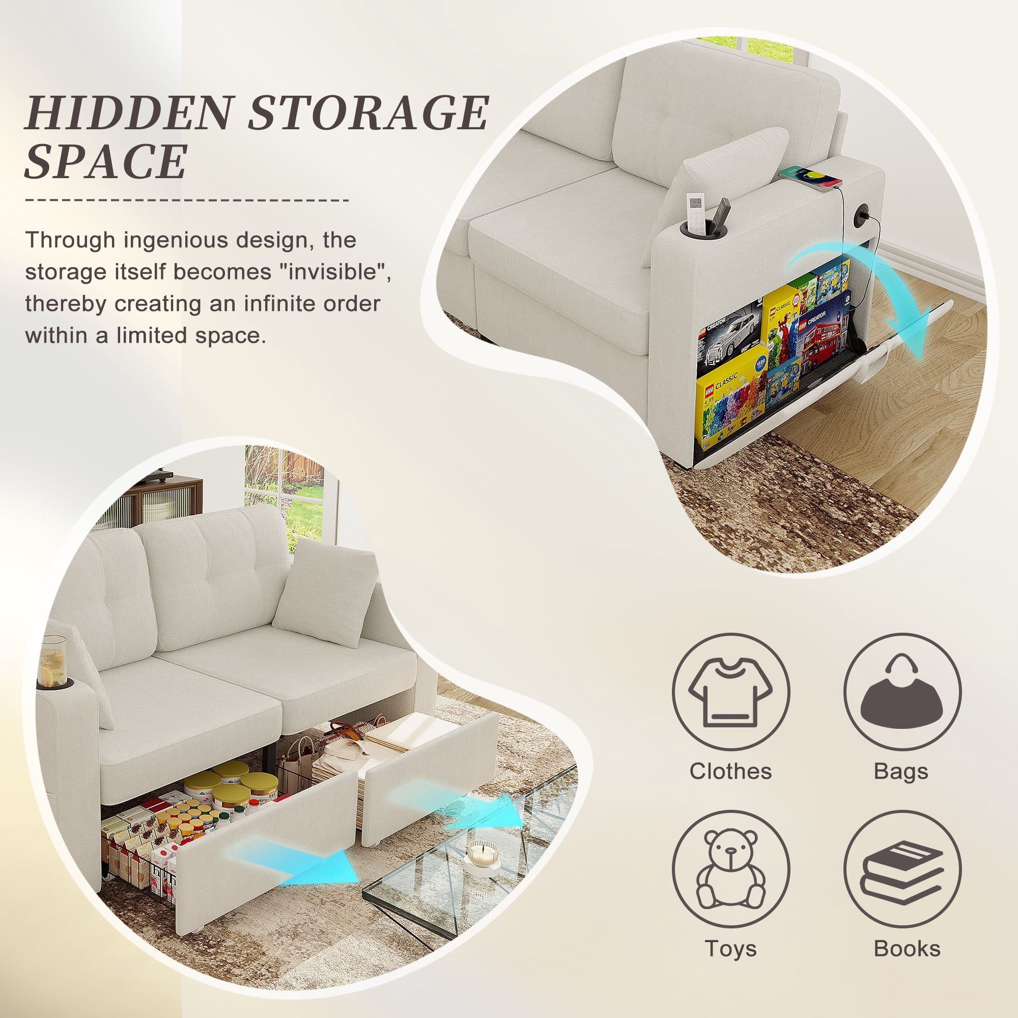 MOONMISS 68" Chenille 3 Seater Sofa Deep Seats,Wood Frame with Storage,USB Charging and Cup Holder,Beige