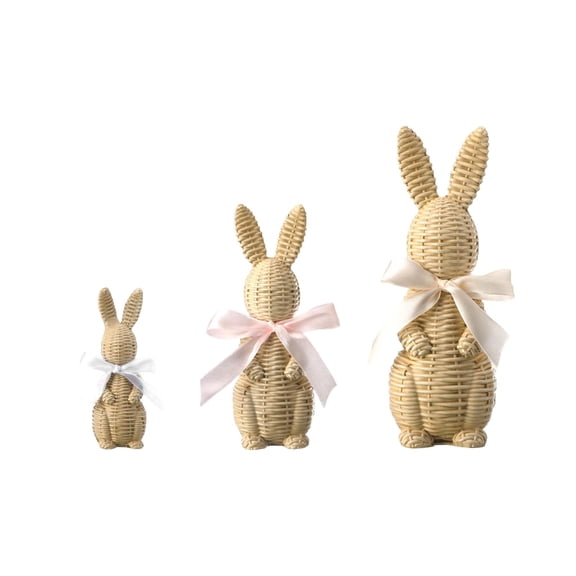 3-Piece Easter Bunny Figurine Set, Rattan-Effect Resin Rabbit Statues with Bows for Easter Decor Home Garden Mantel Decor