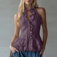 thumbnail image 2 of Craaazy Boho Tops for Women Sleeveless Halter Neck Solid Color Ruffle Trim Button Down Shirts for Everyday, 2 of 7