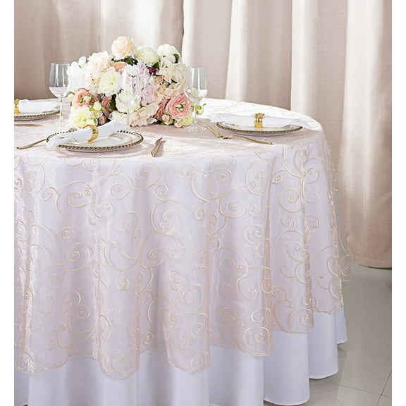 Wedding Linens Inc. 90" Round Embroidered Organza Table Overlay Toppers Tablecloth- Blush Pink