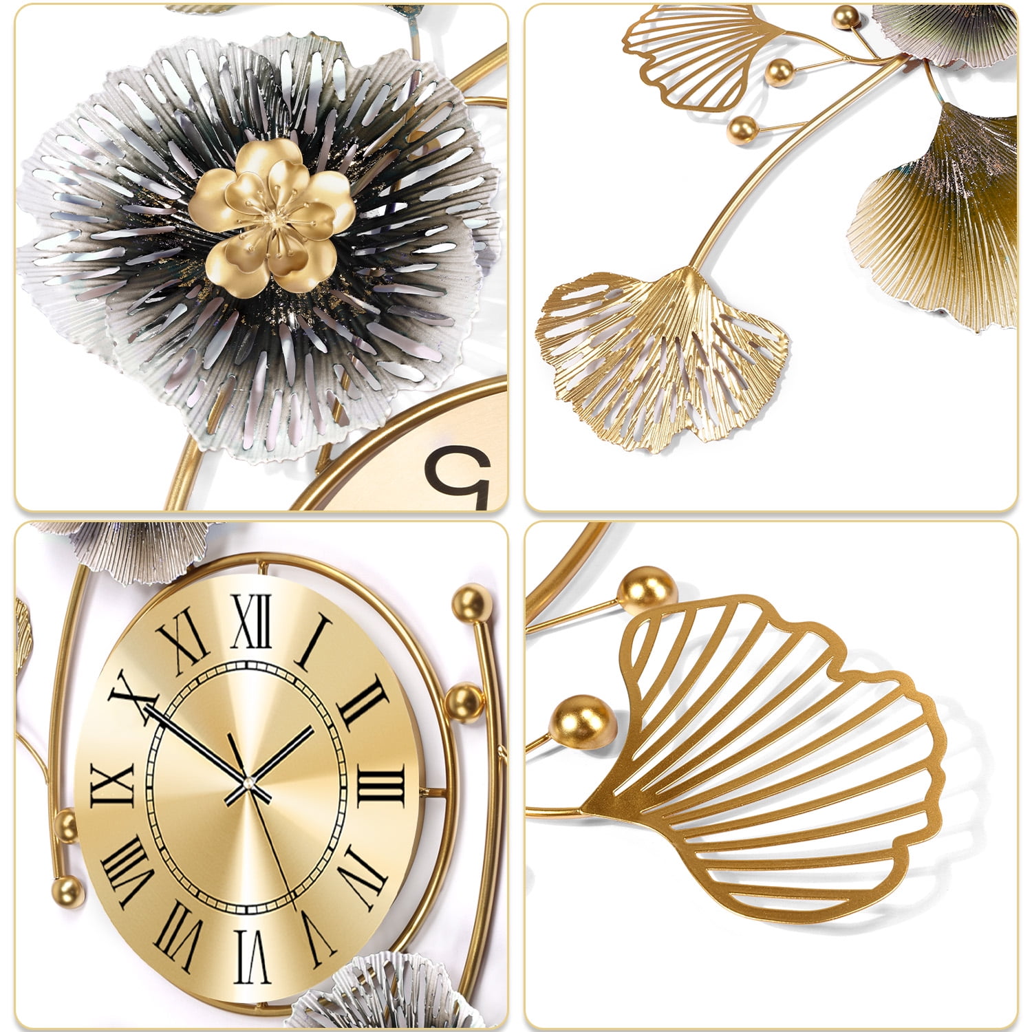 36"Large Wall Clock – 3D Metal Ginkgo Leaf Decorative Wall Clock, Non-Ticking Wall Clocks Battery Operated, Modern Clocks for Living Room, Gift-Ready for Home or Office