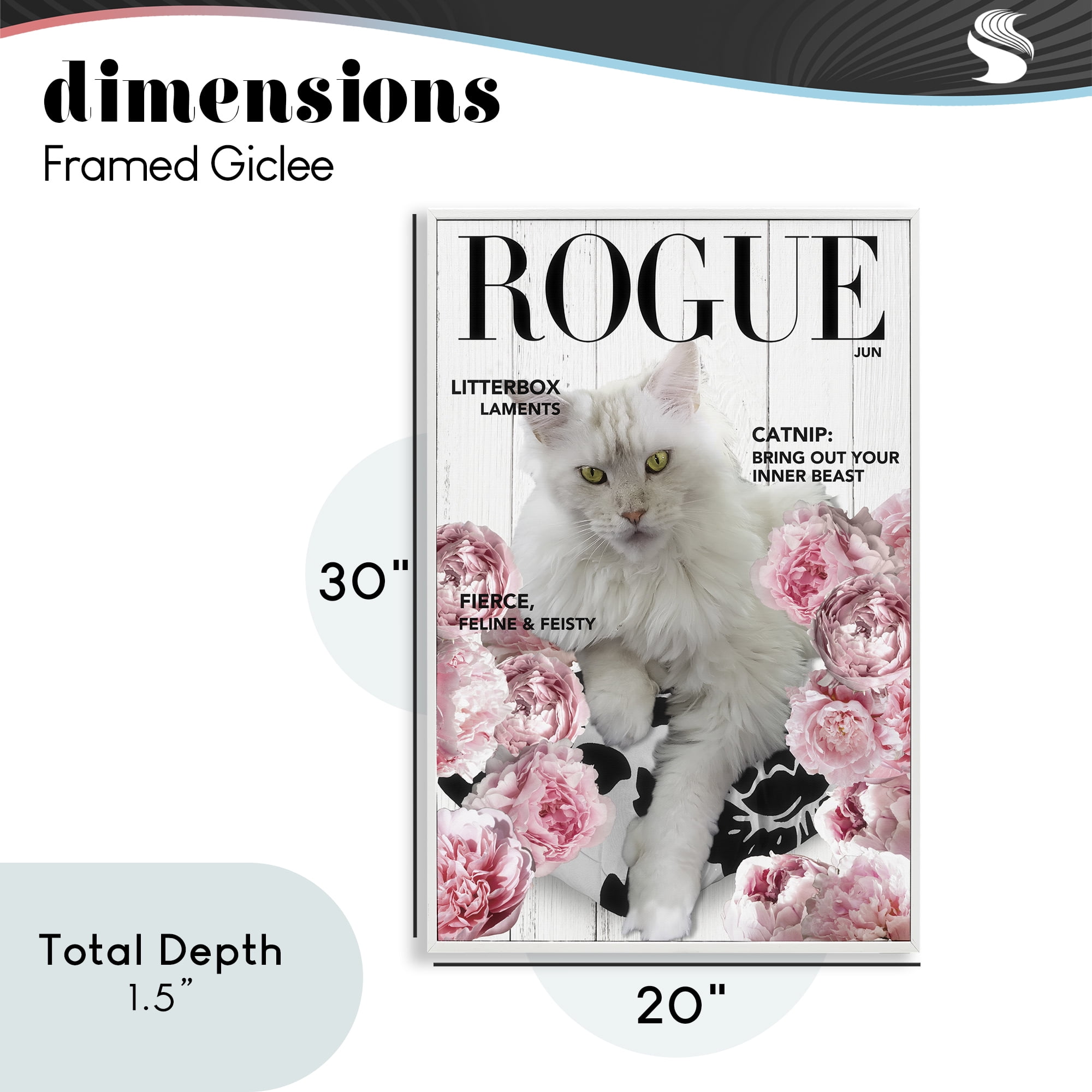Funny Floral Cat Magazine White Framed Giclee Art, design by Sasha