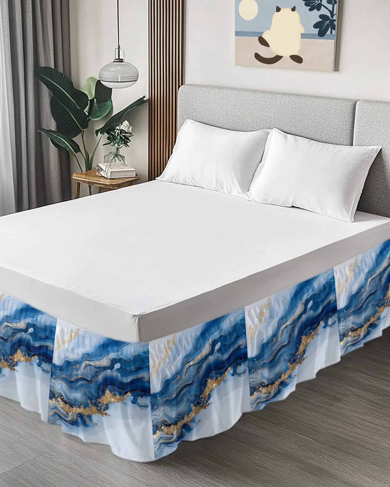 Blue Marble Wrap Around Bed Skirts for Queen Bed 16" Drop, Bed Skirt with Adjustable Elastic Belt Dust Ruffle Bed Valance for Bedroom Hotel Luxury Modern Abstract Art Bed Frame Cover