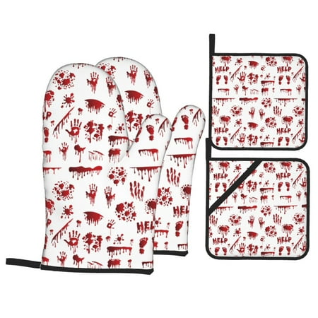 

Oven Mitts and Pot Holders Sets 4 pcs - Halloween Heat Resistant Silicone Oven Gloves with Non-Slip Silicone Surface and hot pads for kitchen Baking Cooking BBQ