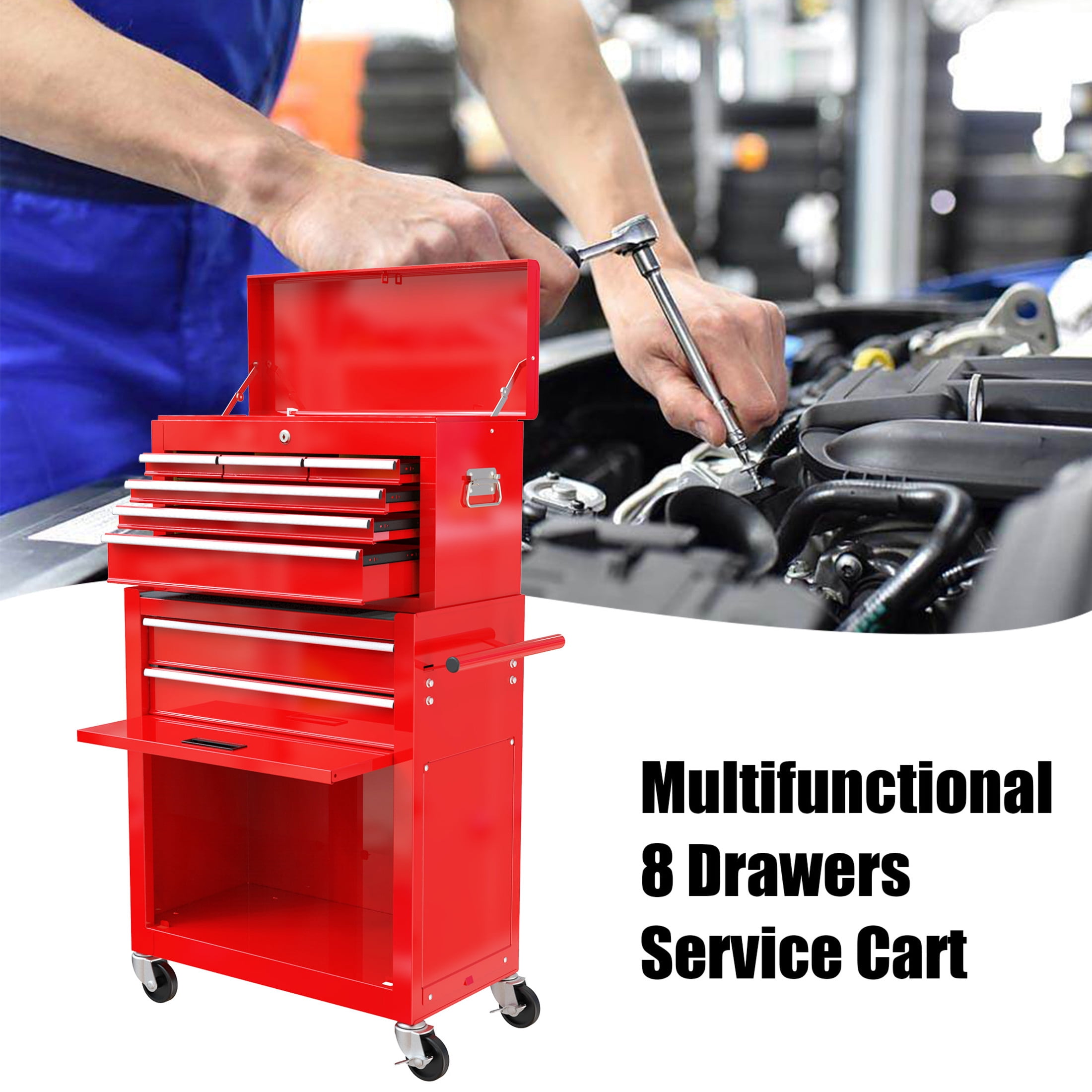 Noble House Heavy-Duty Rolling Tool Chest, 8-Drawer Steel Storage Box Organizer with Detachable Box, Red