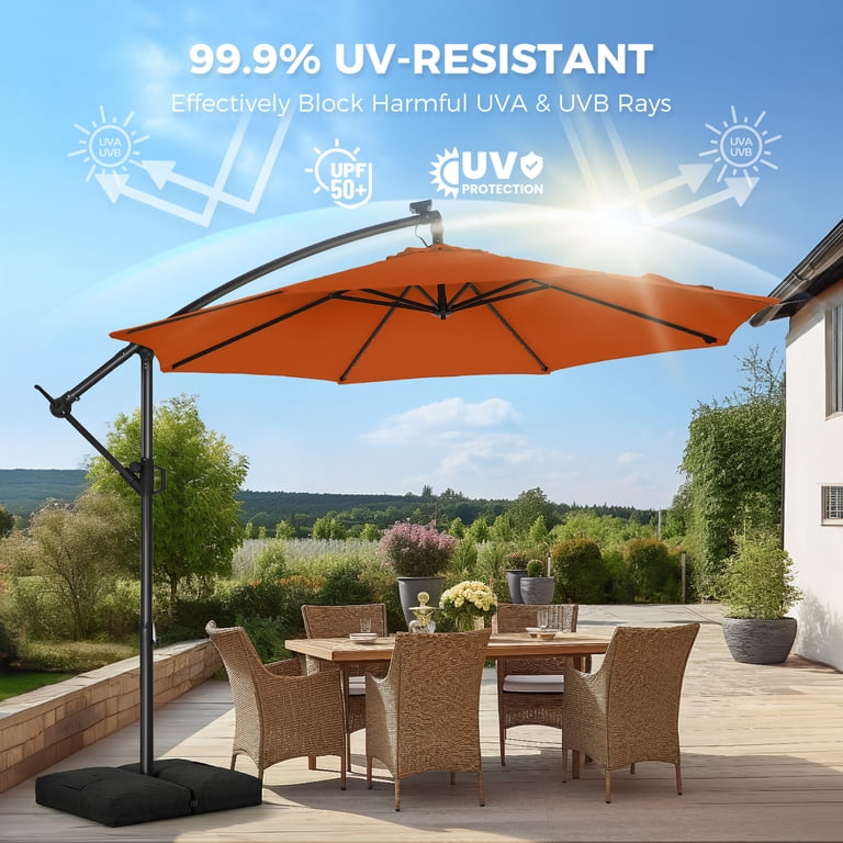 11-ft greige solar powered crank cantilever patio umbrella with base 11 ft-Cantilever umbrella Patio Umbrellas & Accessories at Lowes.com