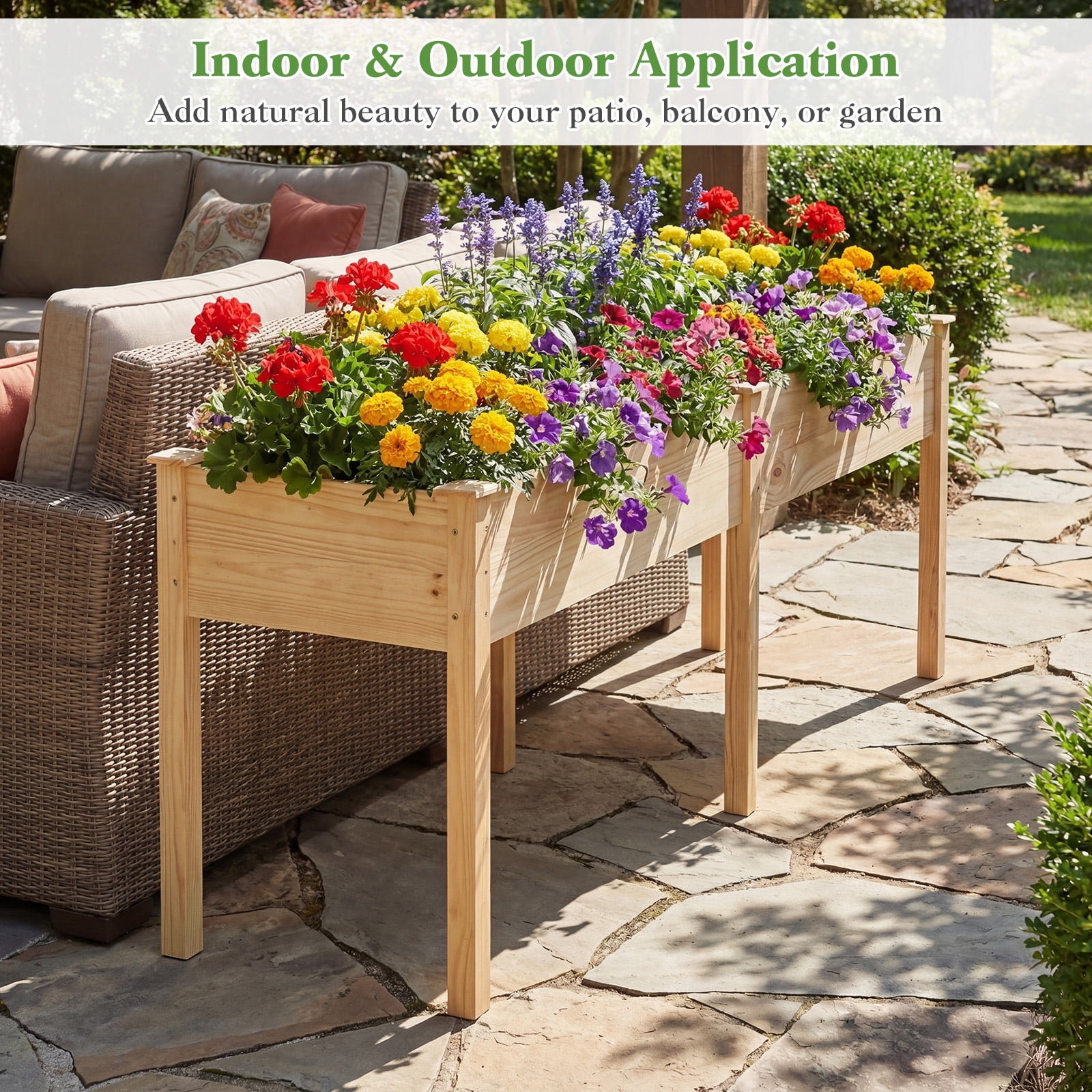 Costway Outdoor Raised Garden Bed with Legs 73x23x30in Wood Planter Box with Divider Panel Beige