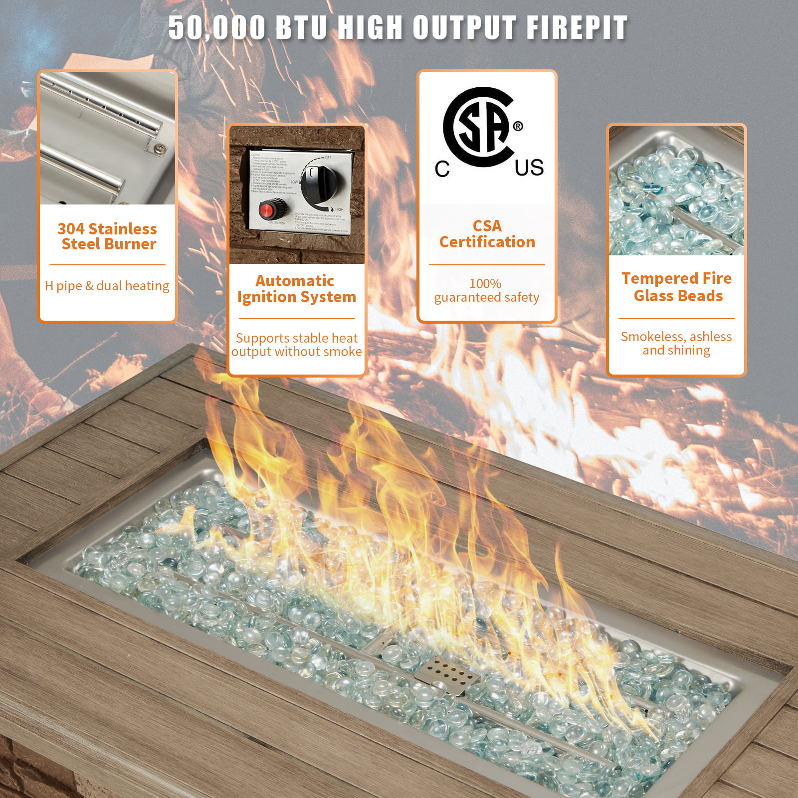 Coffee 50,000 BTU Gas Fire Table with CSA Certification Hand-Painted Table Top Waterproof Cover Vicluke 44 Inch Aluminum Propane Fire Pit Table with Faux Ledgestone Glass Rock for Outdoor Patio 
