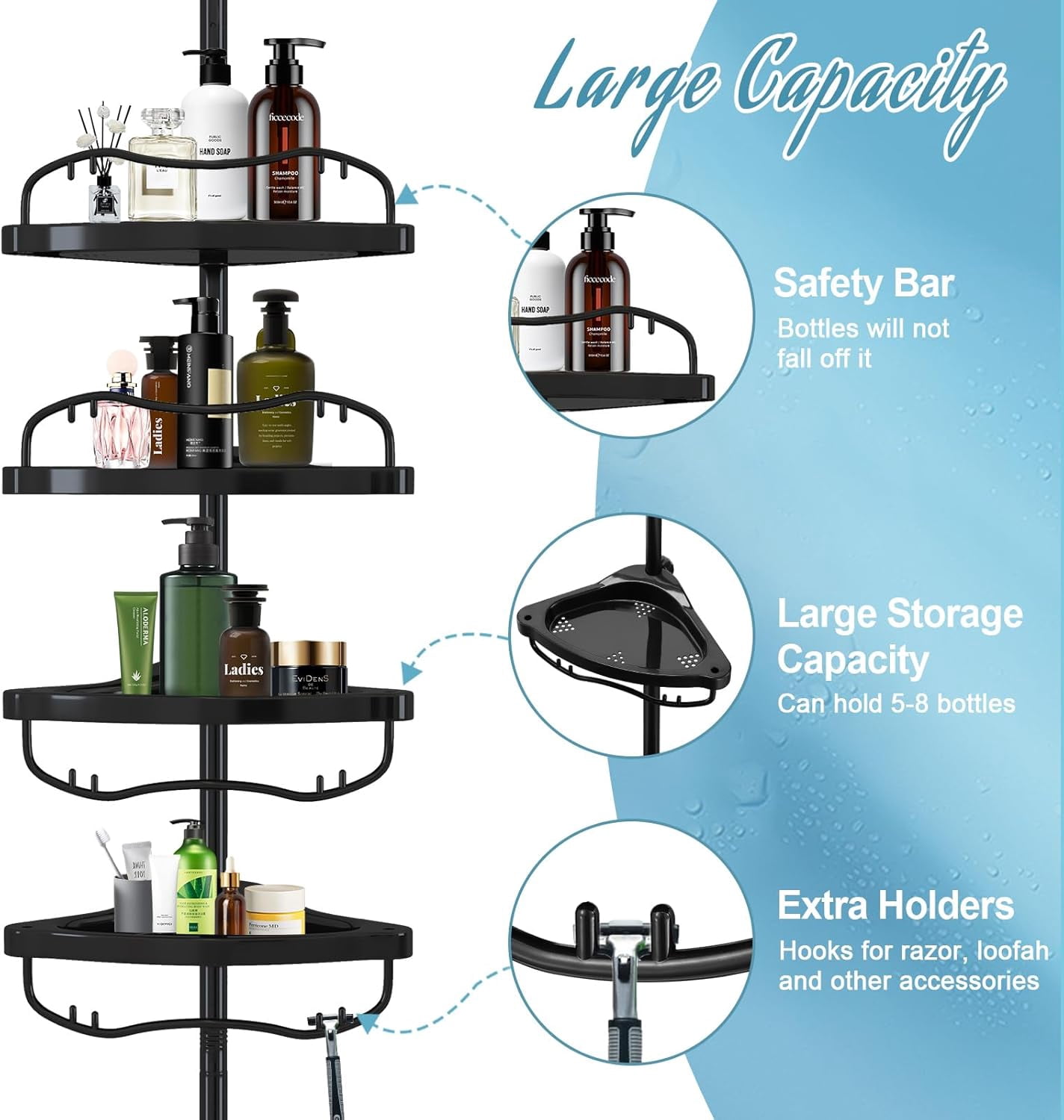Shower Caddy Corner, No Drilling Rustproof Bathtub Shower Storage Organizer for Bathroom,4-Tier Adjustable Shelves with Tension Pole, Black