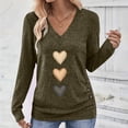 thumbnail image 2 of Feancey Women's V Neck T-Shirts Heart Printed Long Sleeve Tunic Tops Dressy Ruched Side Business Casual Blouse Velentine's Day Graphic Tees Army Green M, 2 of 9