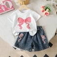 thumbnail image 2 of MEZZALL Summer Toddler Girls Short Sleeve Bowknot Prints T-Shirt Tops Denim Shorts Outfits Leisure Baby Wear, 2 of 7