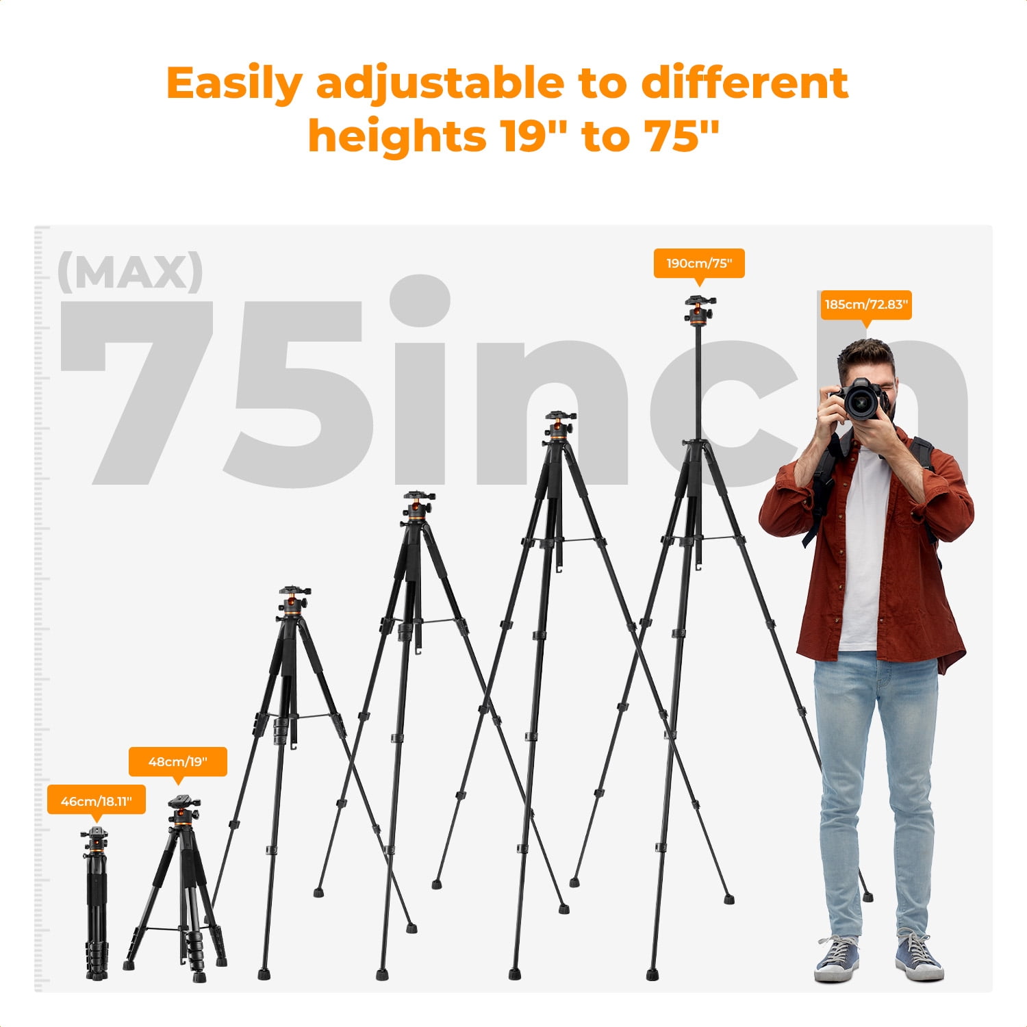 K&F CONCEPT 75" Camera Tripod, Lightweight Travel Outdoor DSLR Tripods with 360 Degree Ball Head Load Capacity 17.6lbs, with Cellphone Clip and Remote Control