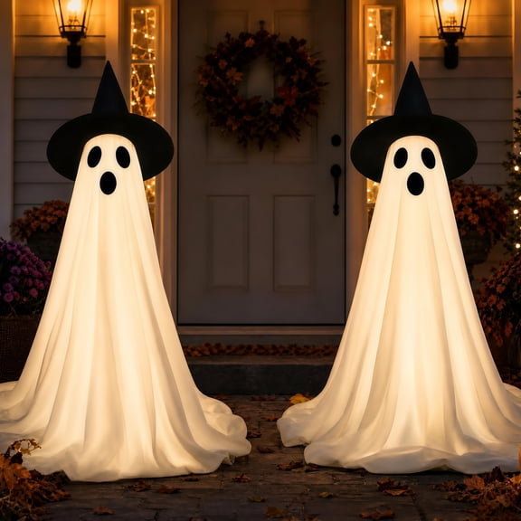 HiberyHom 2 Pack 4.6 FT Halloween Ghost Decor, Early Halloween Decorations, Light Up Ghost for Front Porches Yard Garden, Halloween Decorations Outdoor