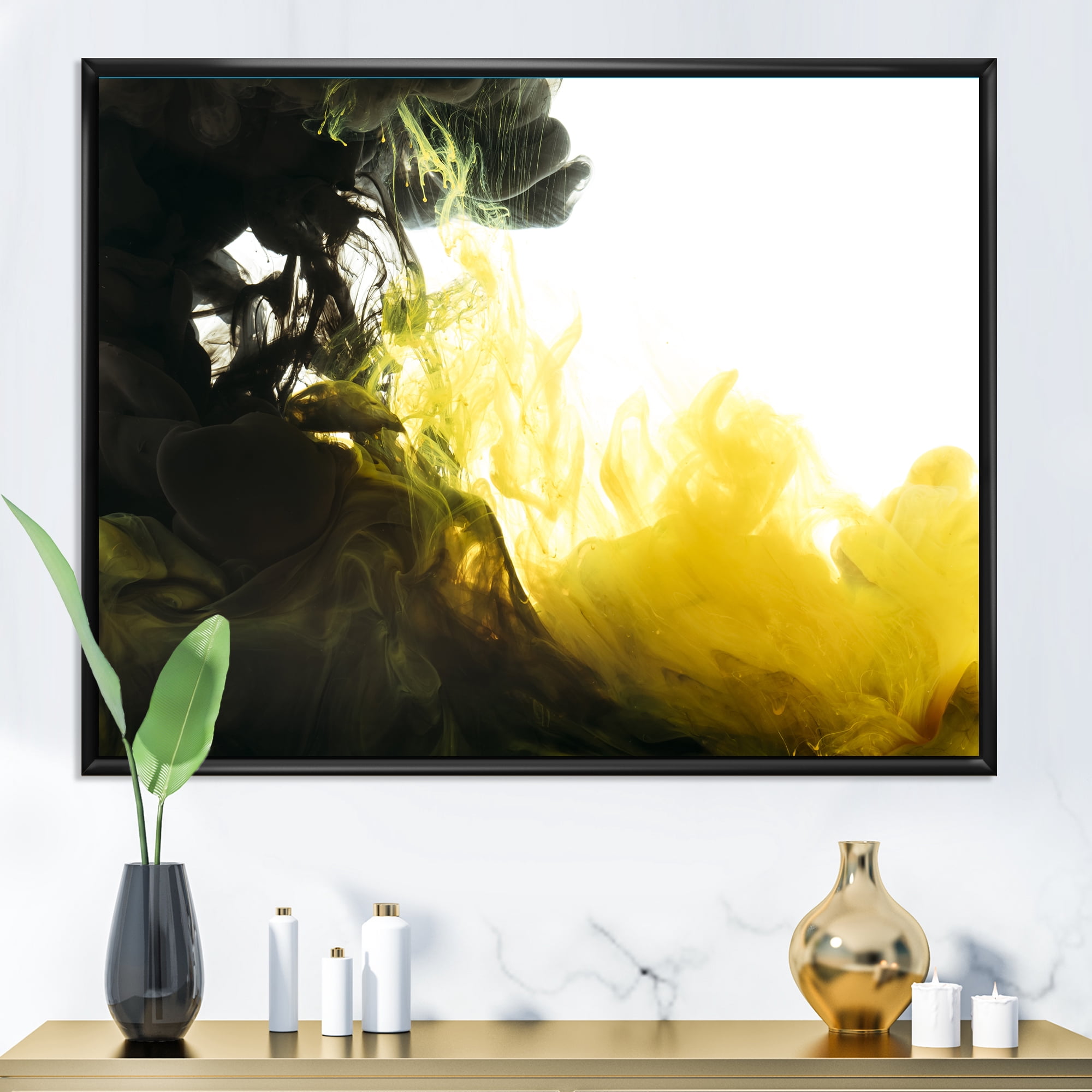 Designart 'Abstract Of Yellow Meeting Black' Modern Framed Canvas Wall Art Print