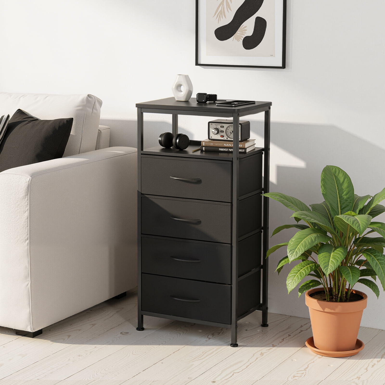 EDX 4 Fabric Drawers Nightstand with Charging Station & USB/Type-C Ports and Outlets, Variable Light Strip Bedside End Table with Adjustable Feet for Bedroom, Black