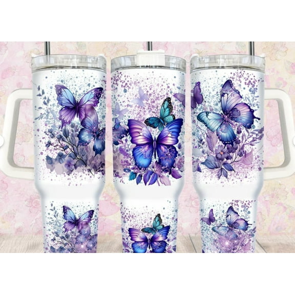 40oz Stainless Steel Tumbler with Butterflies and Flowers