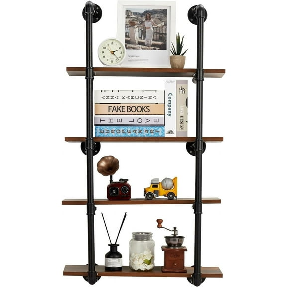 Towallmark Industrial Pipe Shelving Wall Mounted, 30in Metal Floating Shelves, Steampunk Real Wood Book Shelves, Wall Shelf Unit Wineshelf Hanging Wall Shelves, Kitchen Bar Shelving(4 Tier)