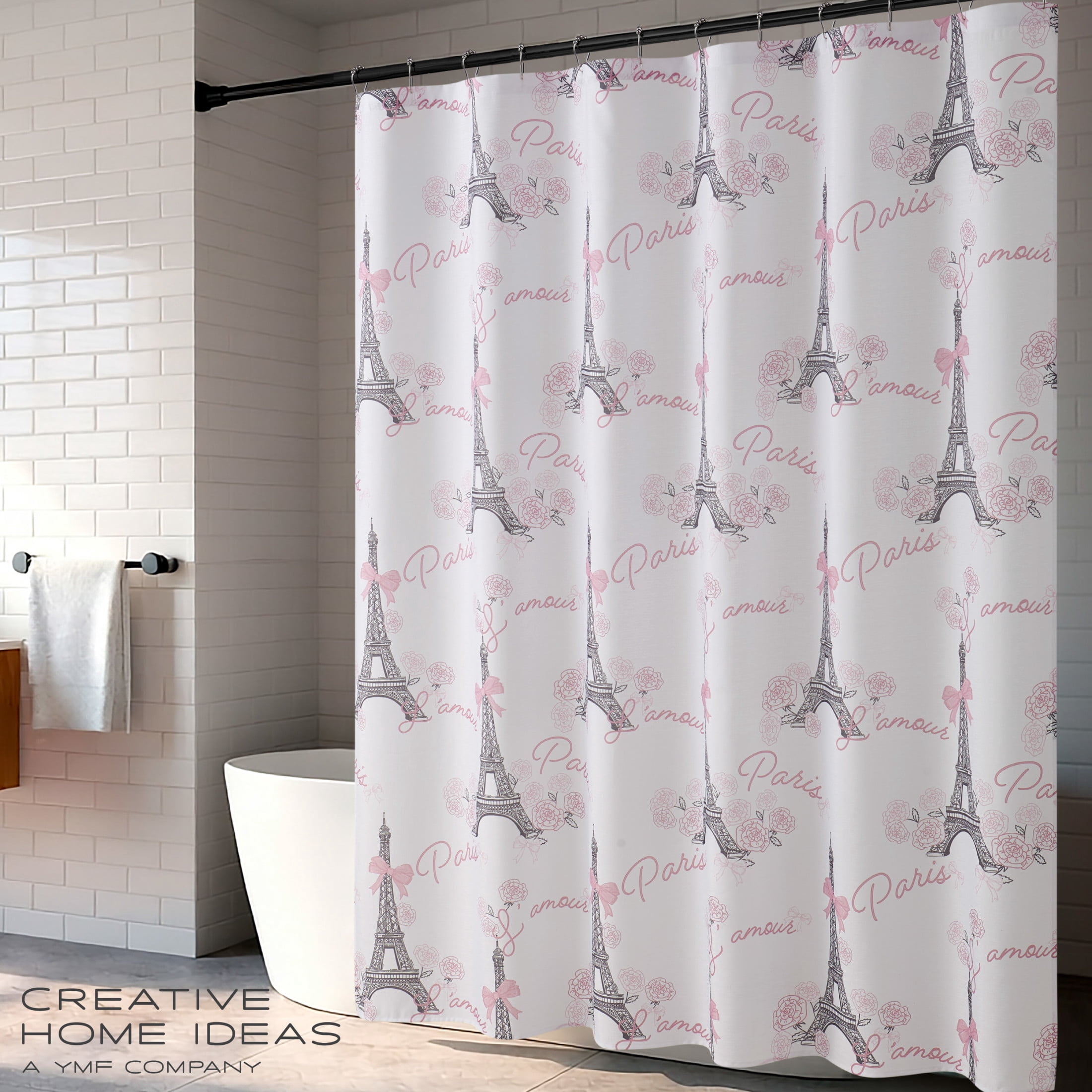 CHI Eiffel Tower Roses and Bows Shower Curtain and Hooks Modern Washable 70" W x 72" L 13-Piece Set