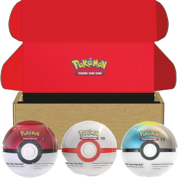 Pokemon Poke Ball, Premier Ball & Moon Ball Pokeball Tin Bundle Set (3 Booster Packs & 2 Sticker Sheets Each)