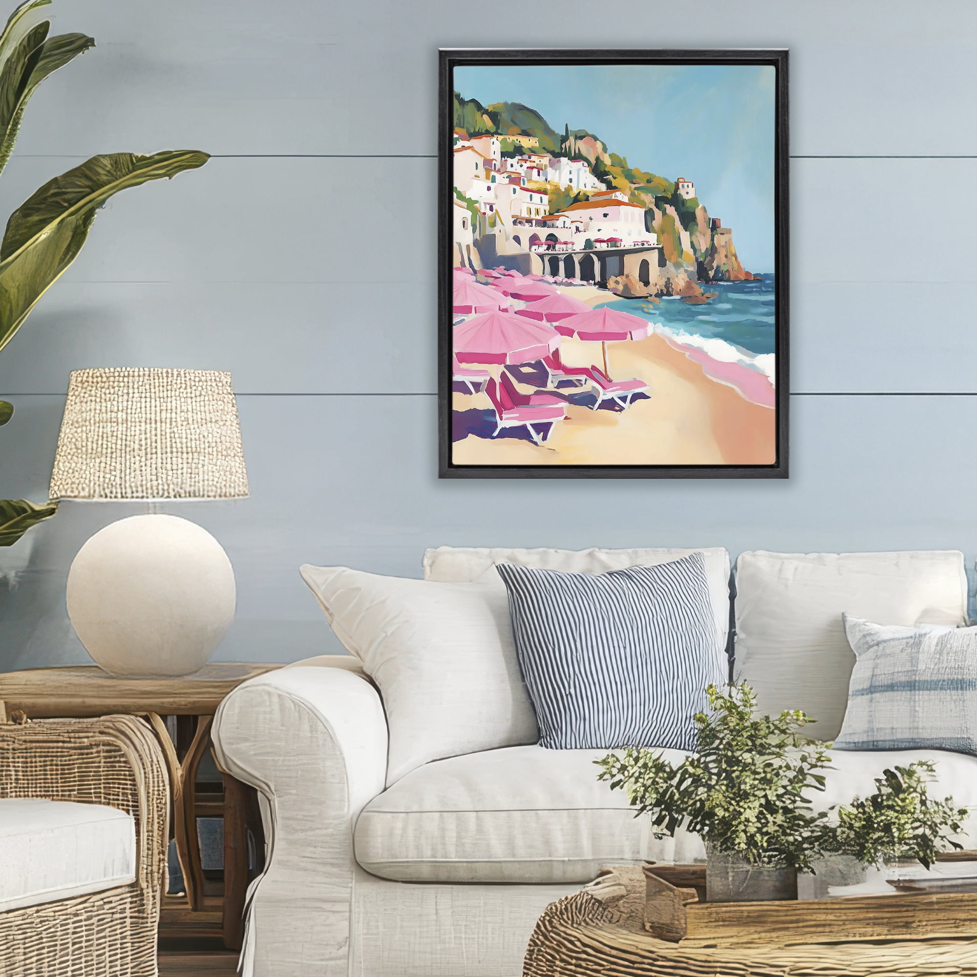 Stupell Industries Pink Beach Chairs on Shoreline Black Framed Floater Canvas Wall Art, design by The Prints Vibe