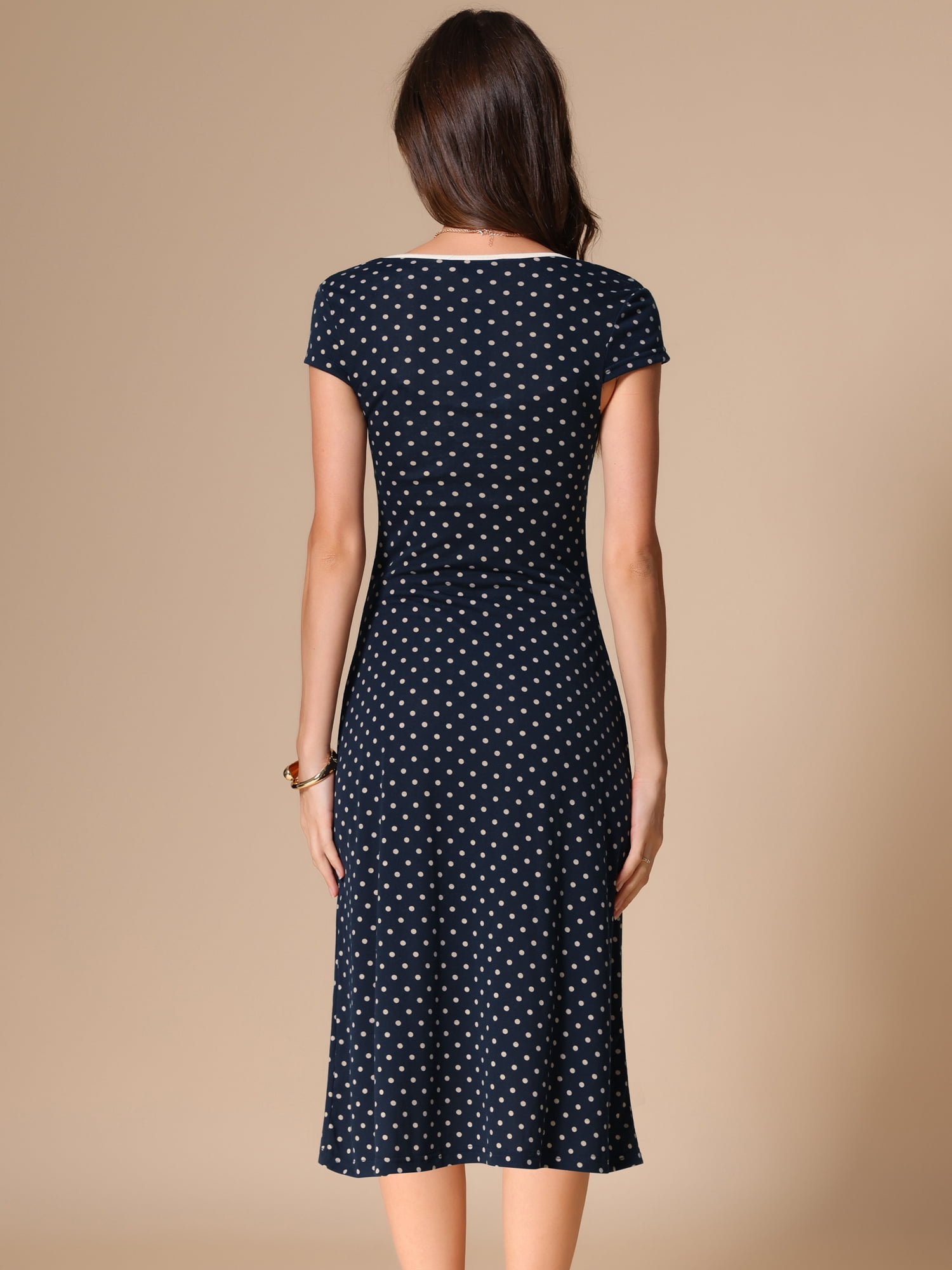 DARING DIVA Vintage Retro Classic Cap Sleeve Midi Polka Dot Dress M Dark Blue