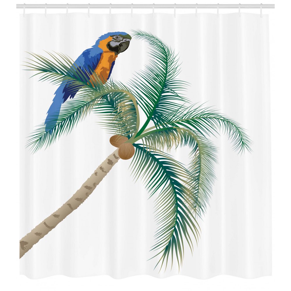 Parrots Decor Shower Curtain Set, Big Parrot Sitting On Coconut Palm
