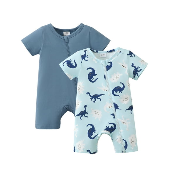 Kucnuzki Infant Baby Boys Summer Bodysuits 12-18 Months Short Sleeves Zipper Rompers Dinosaur Print and Solid Color One-piece Overalls 2pcs Clothing Blue