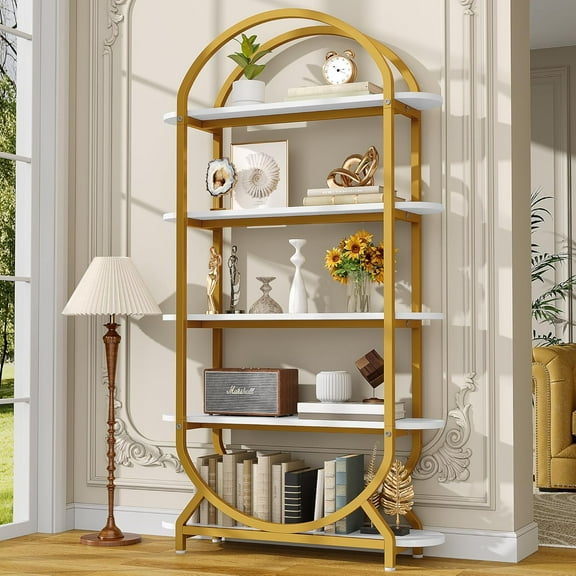 Jehiatek Arched Bookshelf Bookcase, 71 Inches Tall Book Shelf with Sturdy Metal Frame, E1 Quality Boards, Freestanding Display Shelving Unit, Gold
