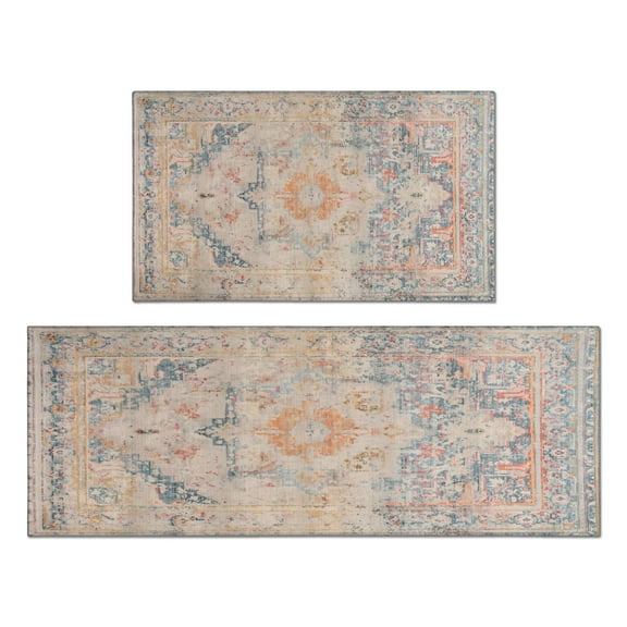 2 Piece Bohemian Light Orange Carpet Rug Kitchen Rug Set, Decor Kitchen Rugs, Absorbent Non-Slip Washable Floor Mats, Home Indoor Runner Rugs 17"x47" 17"x30"
