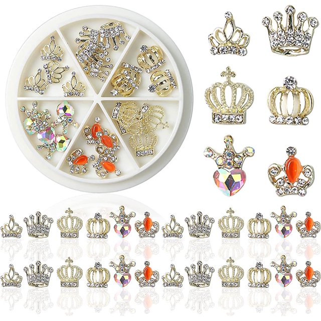 1 caja de 30 Uds. De abalorios de corona para uñas, abalorios de oro 3d para decoración de uñas, joyas de aleación para uñas, diamantes de imitación de cristal, abalorios de gemas para diseño de