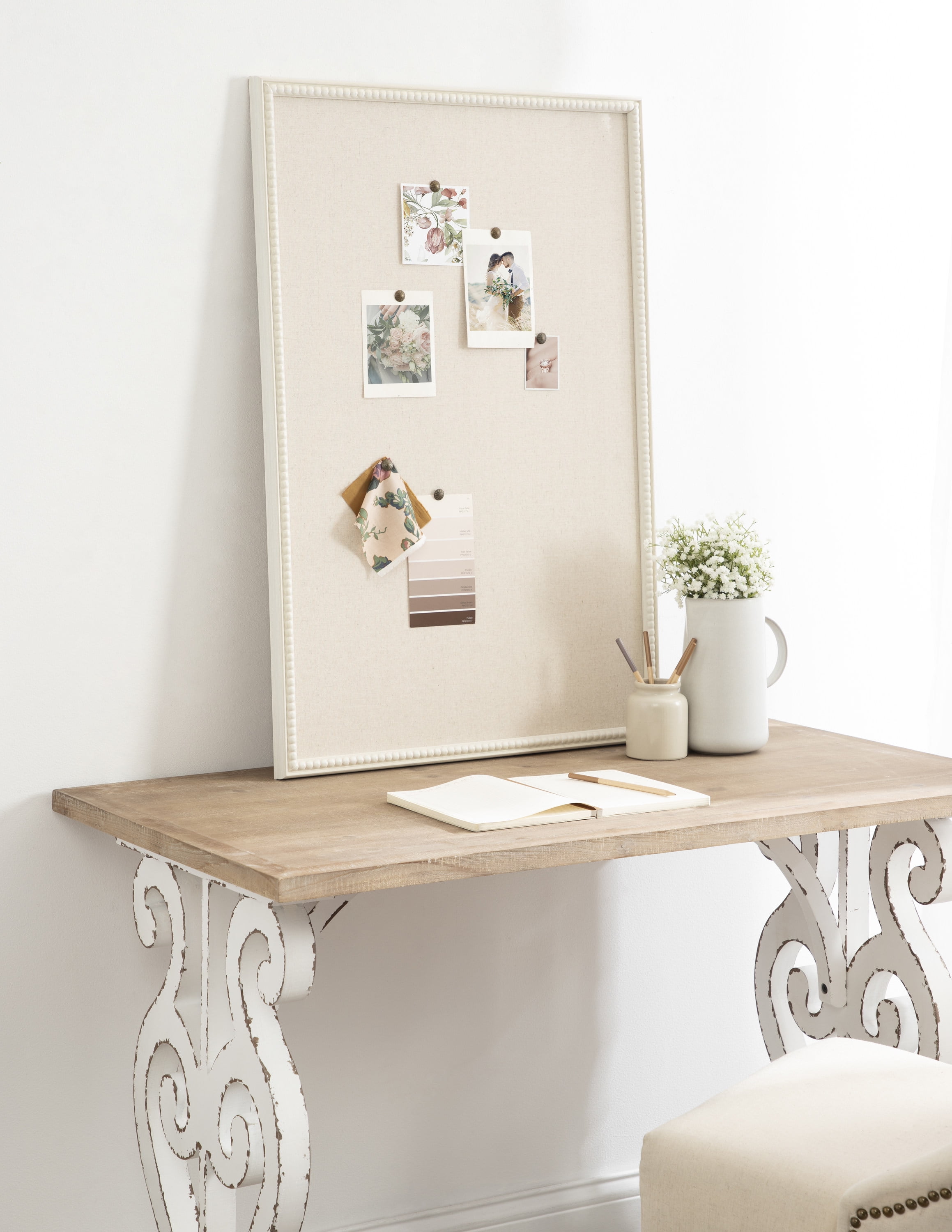 Kate and Laurel Makenna Rectangle Framed Linen Fabric Pinboard, 24 x 36, Soft White, Traditional Beaded Bulletin Board for Vintage Home Wall Organization or Aspirational Vision Board