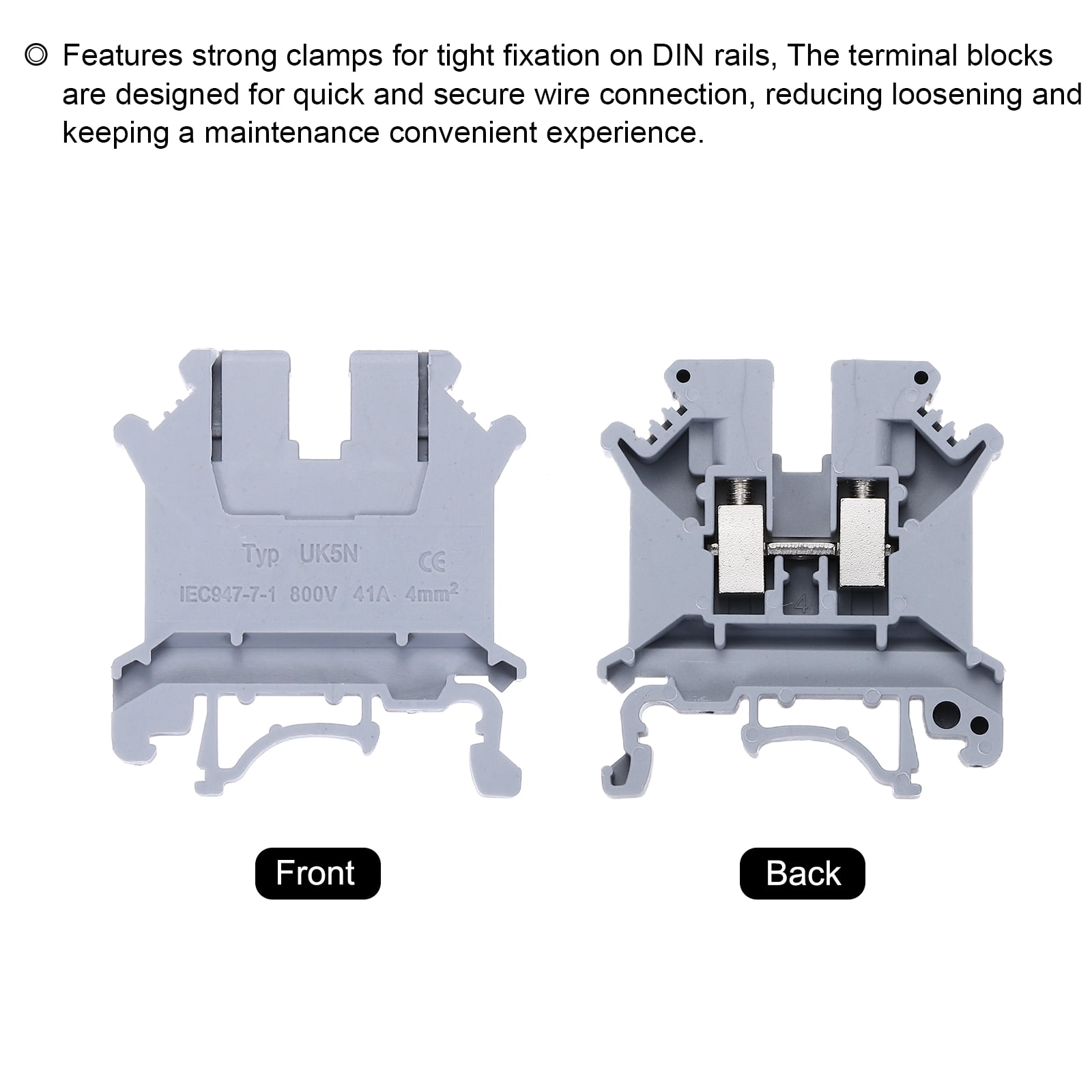 Uxcell Terminal Blocks 100 Pack UK-5N Rail Mount Fuse Holder Screw Terminal Block Wire End Bracket Stopper Din Rail Screw for DIY Electronic Circuits Machine Appliances, Gray