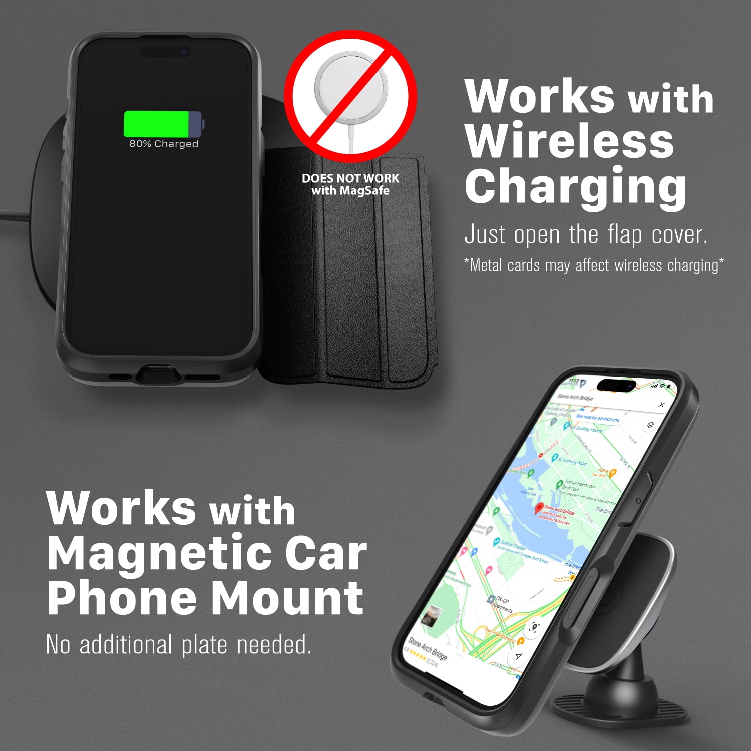 Vena vCommute Wallet Case Compatible with Apple iPhone 16 (6.1"), (Military Grade Drop Protection) Flip Leather Cover Card Slot Holder with Kickstand - Space Gray / Black