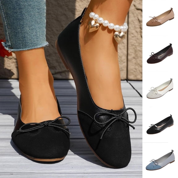 YHAJDS Ballet Flats for Women Solid Color Bow Vintage Slip On Round Toe Soft Sole Loafer Office Flat Shoes