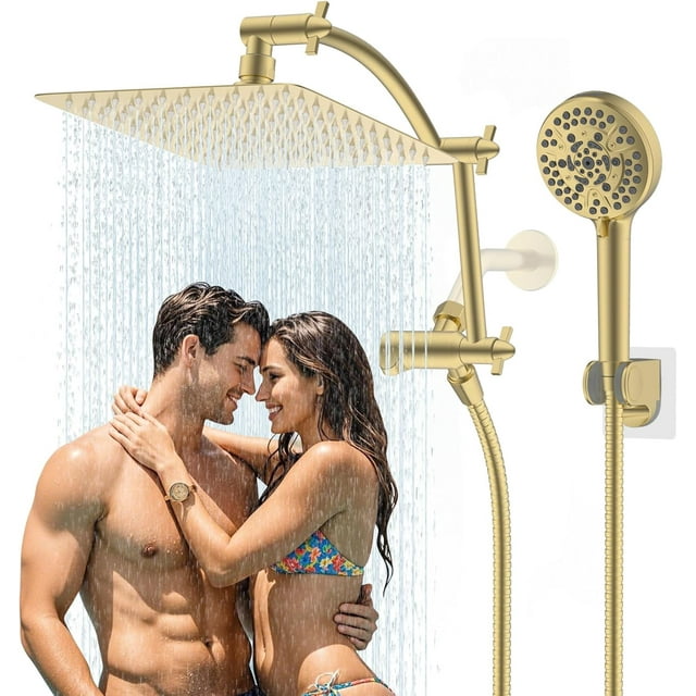 Pommeau de Douche Tout en Métal ‘‘ Pommeau de Douche Haute Pression Pluie / Combo Pommeau de Douche à Main avec ‘‘ Bras Extensible Réglable en Arc ‘‘ Support de Pommeau de Douche Adhésif Chrom