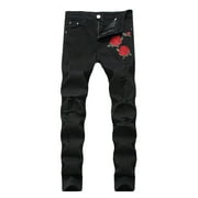 FcBaudy Full Length Pants Men's Casual Straight Ripped Hole Trousers Jeans Pants Full Length Pants Men Spandex Pants