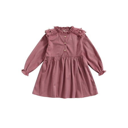 

Calsunbaby Toddler Infant Baby Girl Dress Long Sleeve Ruffle Neck High Waist Buttons Solid Color Loose Casual Party Midi
