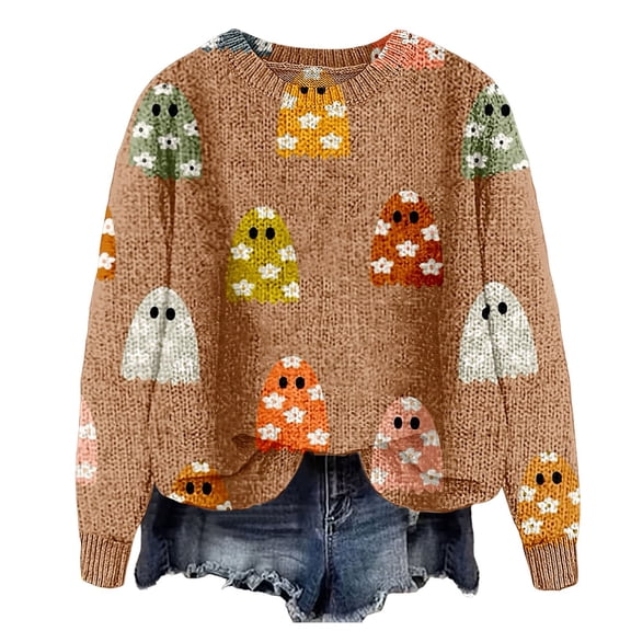 Certgust Usa Sweatshirt Under $15 Womens Halloween Graphic Print Long Sleeve Knit Pullover Sweater with Cozy Seasonal Style