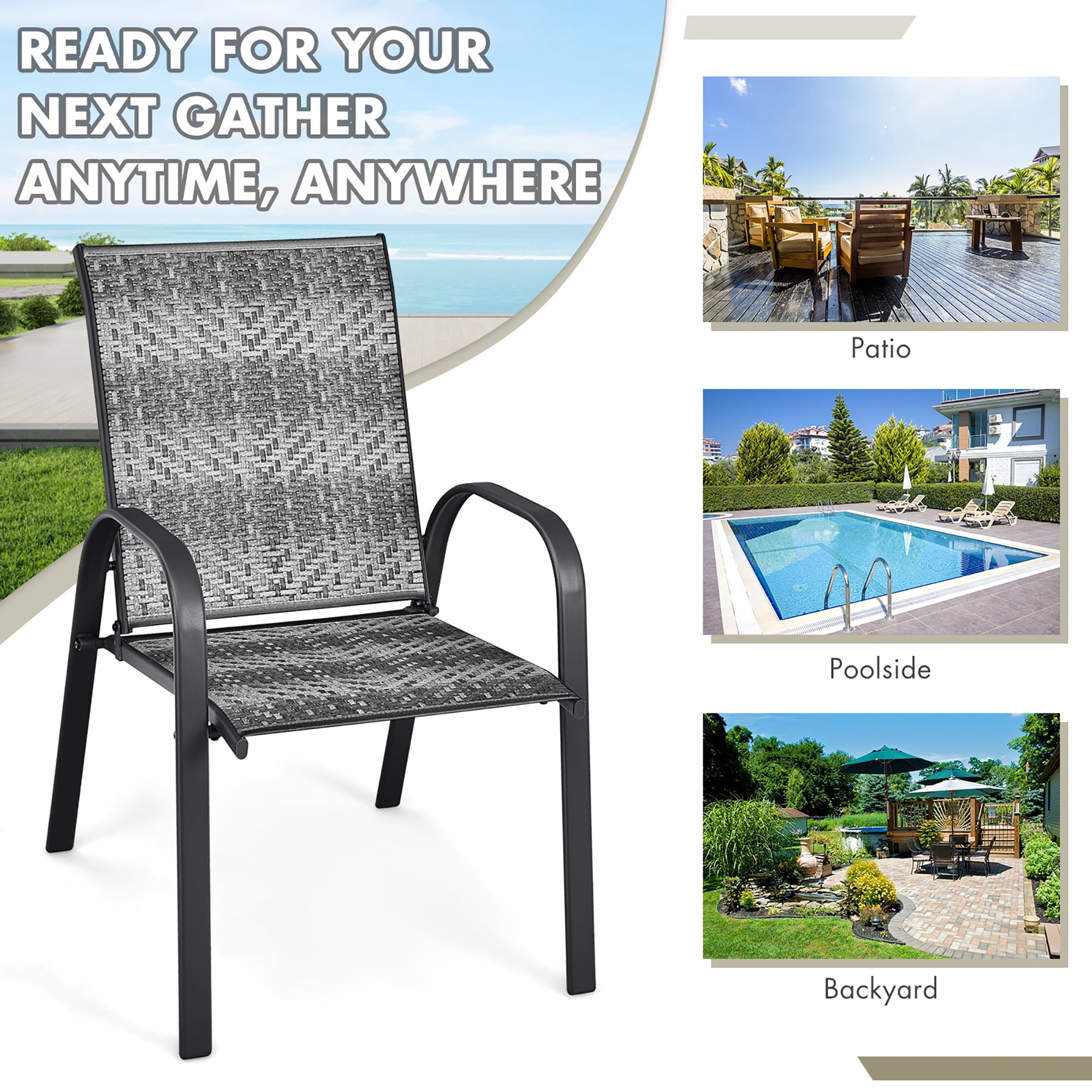Costway Set of 6 Patio Rattan Dining Chairs Stackable Armrest Garden Mix Gray