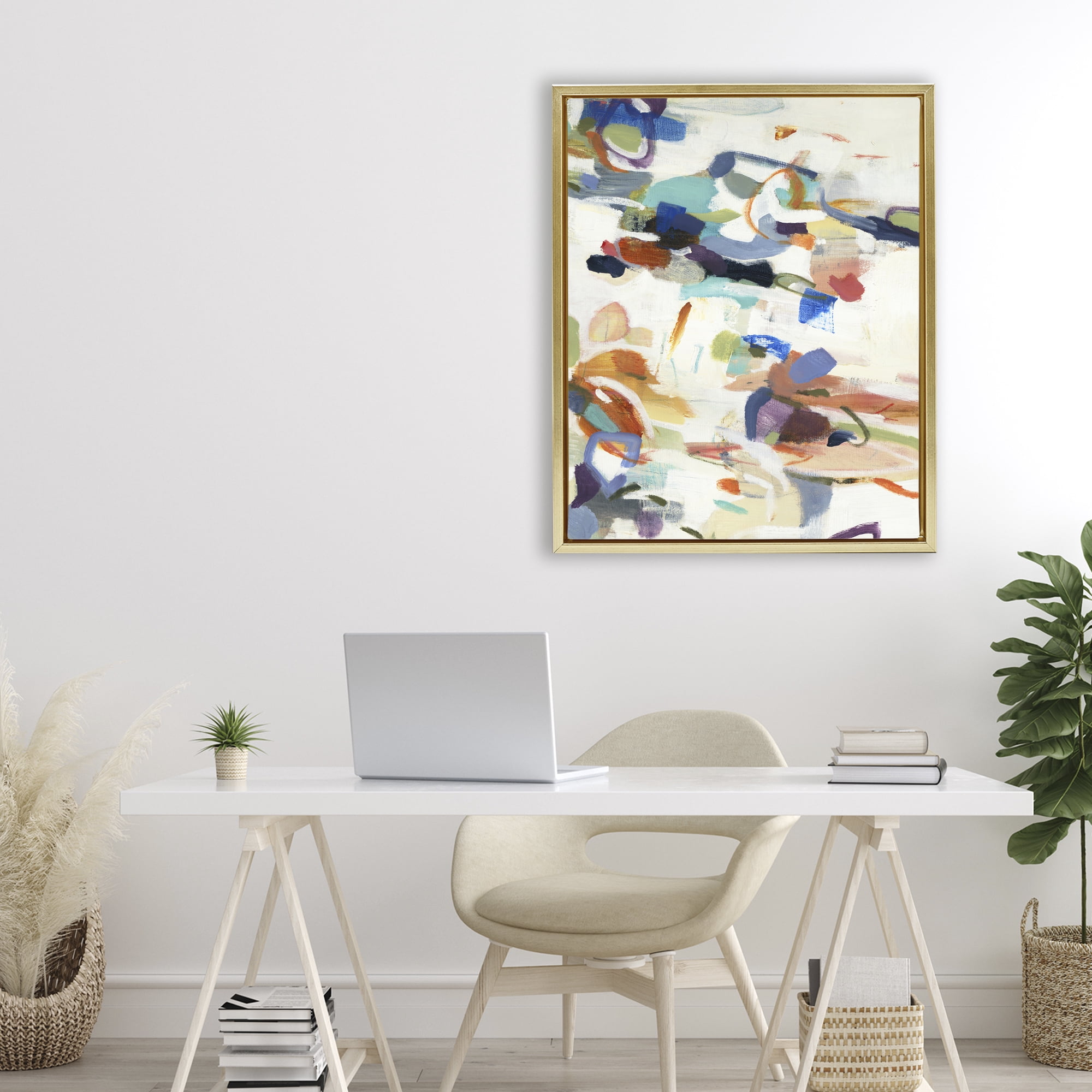 Stupell Industries Flowing Stippled Brushstrokes Gold Framed Floater Canvas Wall Art, design by Lisa Ridgers