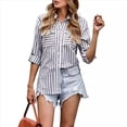 thumbnail image 3 of Camisas A Rayas con Botones para Mujer, Blusas Casuales de Larga con Cuello en V y Bolsillos Negro XXL, 3 of 7