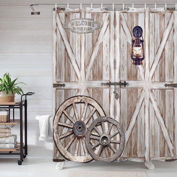 Farmhouse Barn Door Shower Curtain, Rustic Woodland Western Wooden
