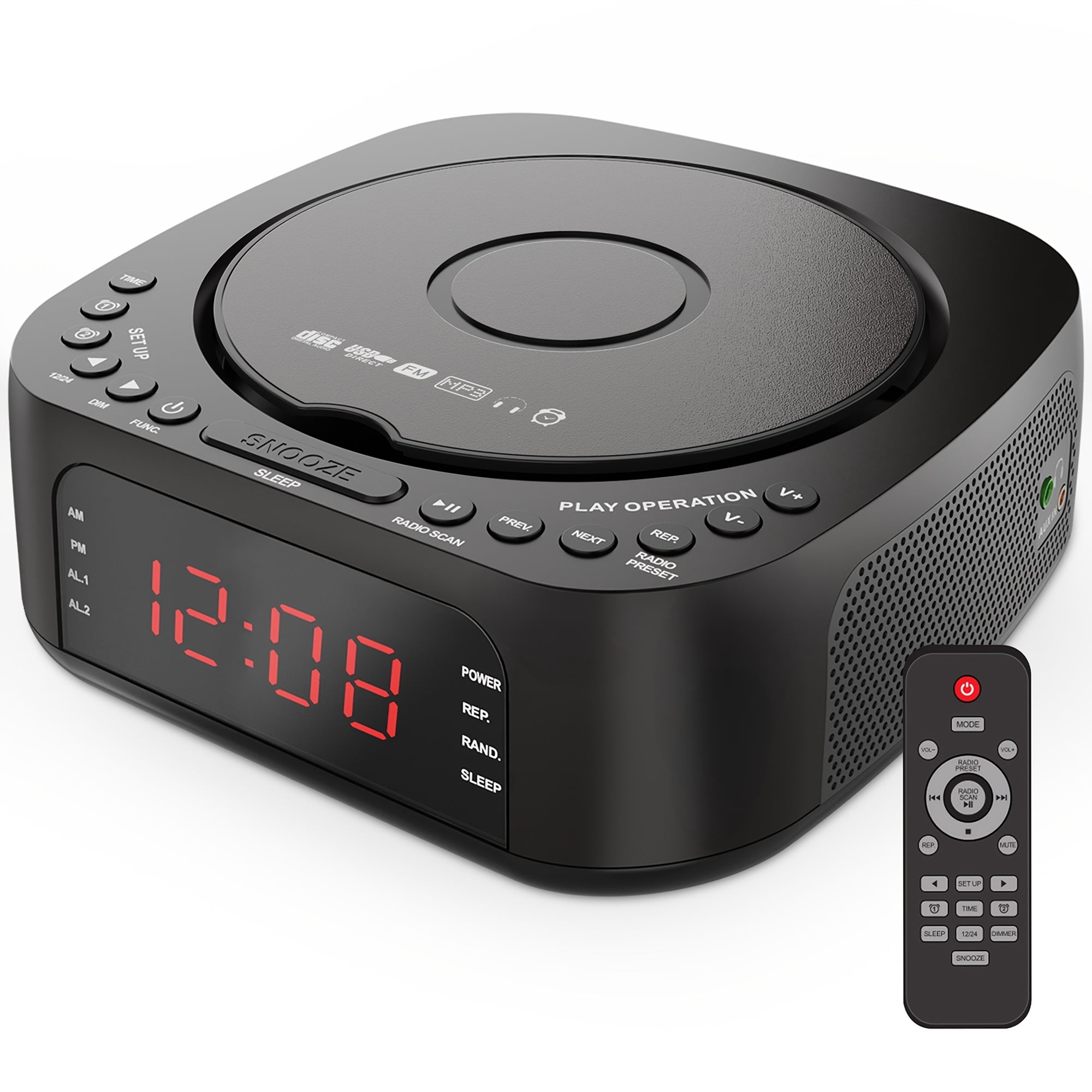 CD Player Alarm Clock Radio with Remote, CD & MP3 Playback, Bluetooth, FM Radio, Built-in Speakers, USB Charger, Dimmable Display, Dual Alarm for Light and Heavy Sleepers, Bedroom Clock Radio