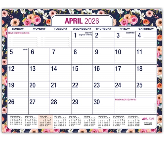 2026-2027 Excello Brands 22" x 17" Academic Year Large Print Desk Pad, Monthly, 21 Month, Small Navy Floral