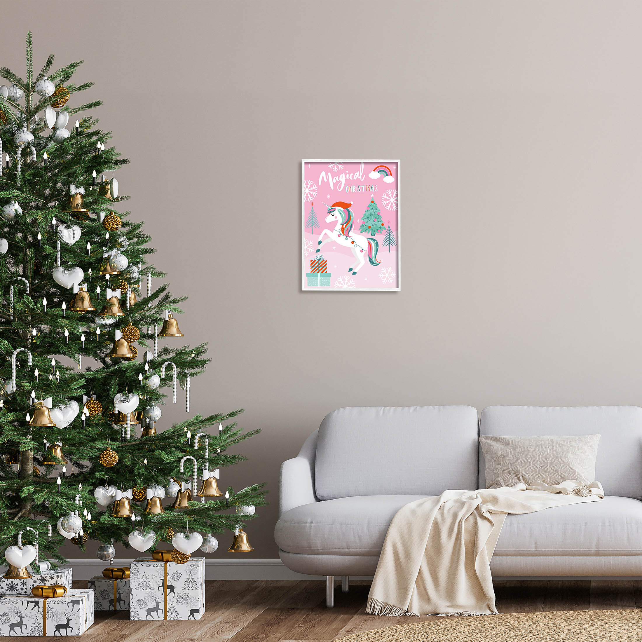 Magical Christmas Pink Unicorn Holiday Graphic Art White Framed Art Print Wall Art